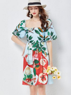 Women Summer Positioning Print Square Neck Three Dimensional Puff Sleeve Dress Slim High Waist Dress