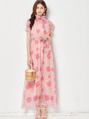 Women  Fairy Dress Simulation Silk Light And Elegant Large Swing Elastic Waist Long Dress  Pink Print And Silk Scarf