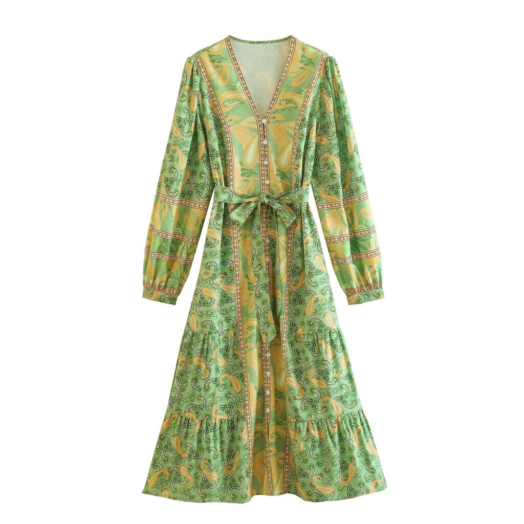 Women Clothing Fresh Button Decoration V neck Printed Lace up Long Sleeve Dress