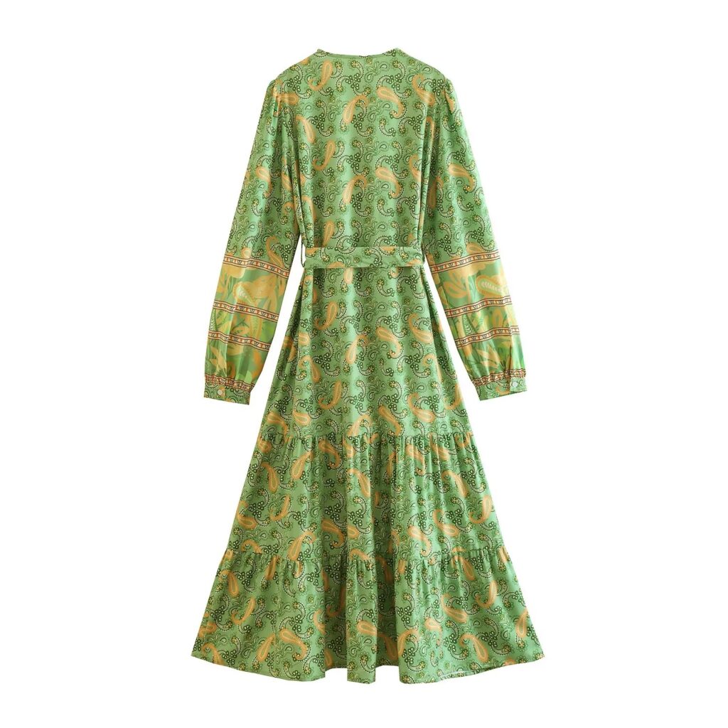 Women Clothing Fresh Button Decoration V neck Printed Lace up Long Sleeve Dress - Image 2