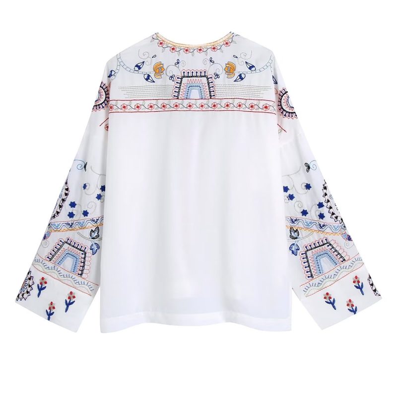 Autumn Women Clothing Long Sleeve V neck Embroidered Blouse Shirt - Image 2