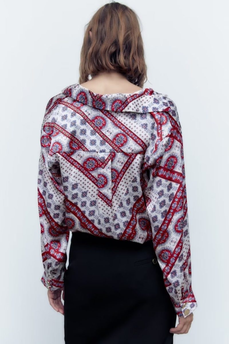 Women Print Deep V Plunge Plunge neck Pattern Long Sleeve Shirt - Image 2