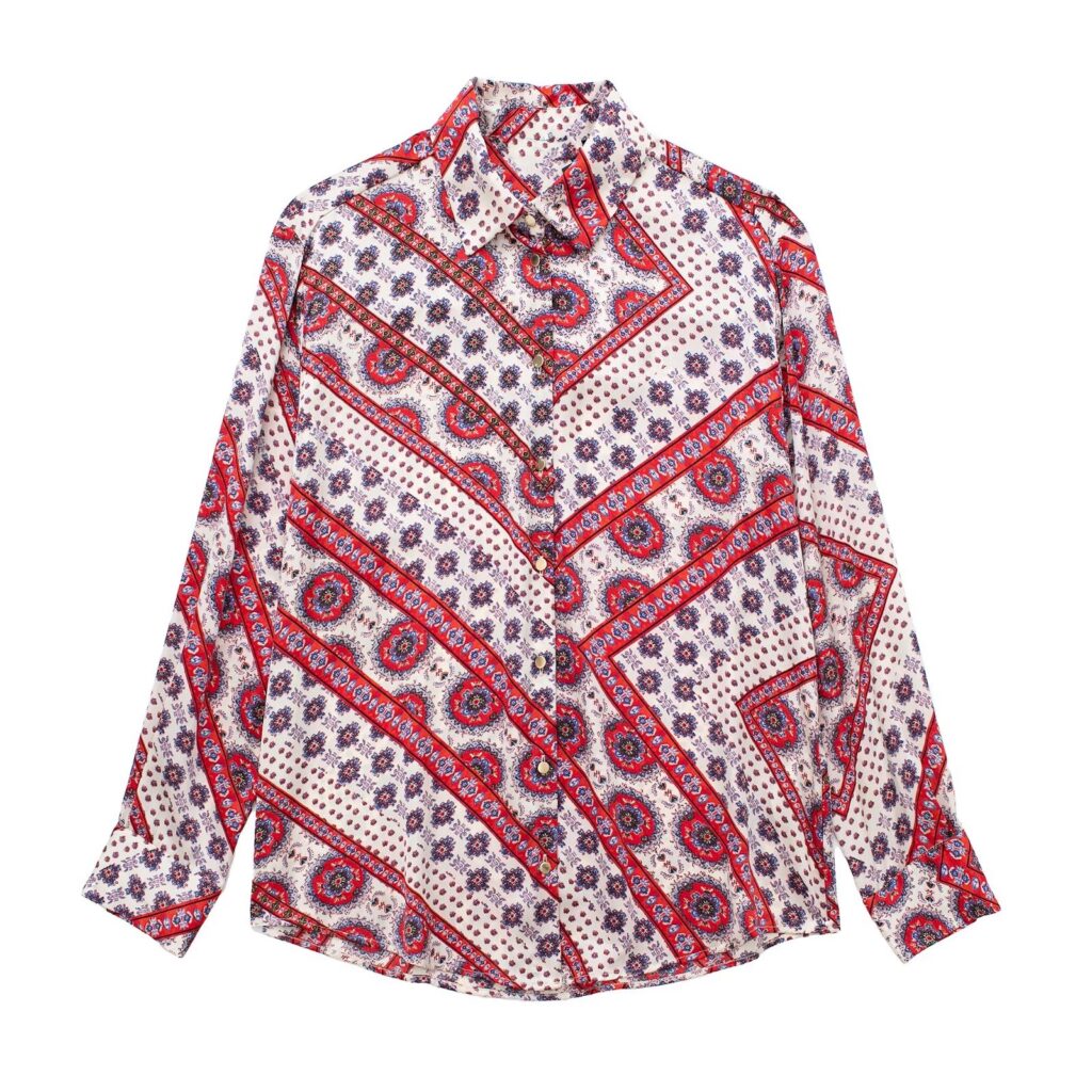 Women Print Deep V Plunge Plunge neck Pattern Long Sleeve Shirt - Image 3