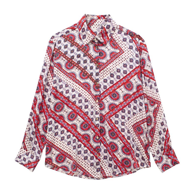 Women Print Deep V Plunge Plunge neck Pattern Long Sleeve Shirt - Image 3