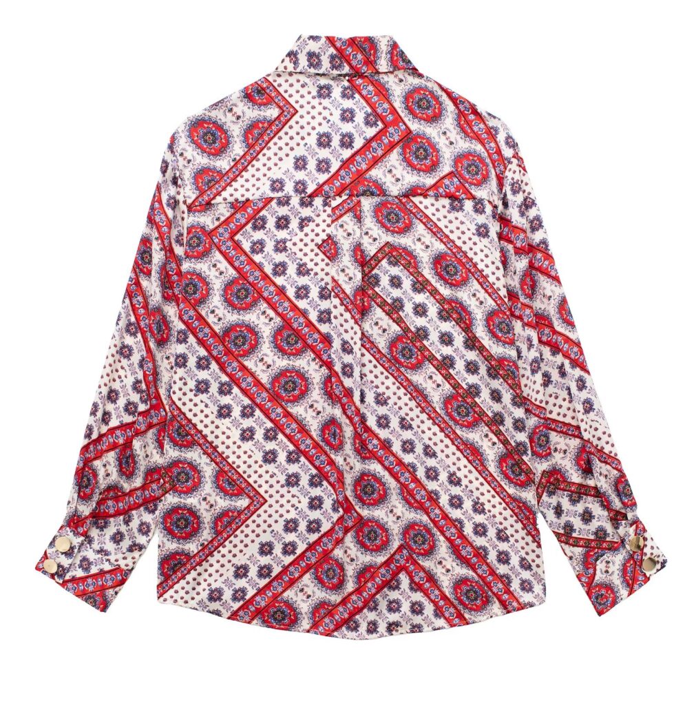 Women Print Deep V Plunge Plunge neck Pattern Long Sleeve Shirt - Image 4