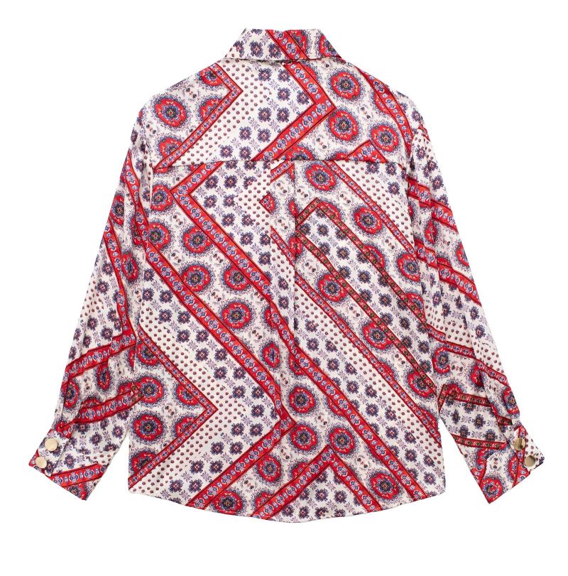 Women Print Deep V Plunge Plunge neck Pattern Long Sleeve Shirt - Image 4