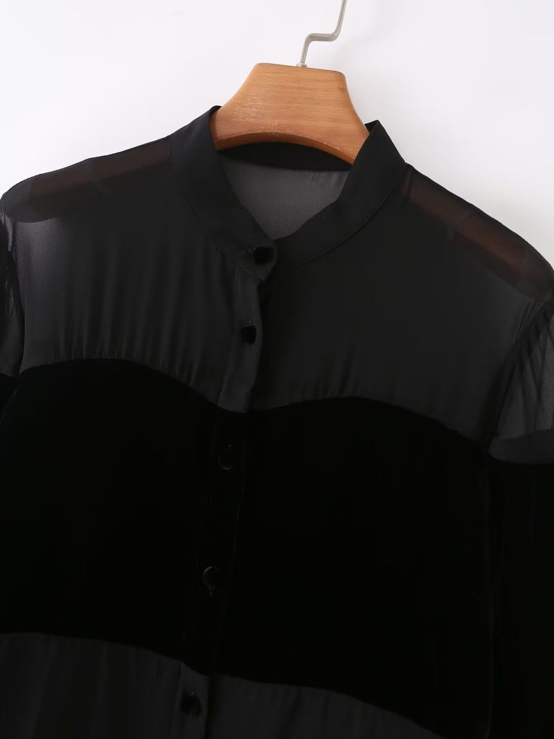 Autumn Women Long Sleeve Velvet Stitching Gauzy Shirt - Image 3