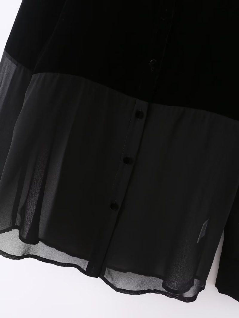 Autumn Women Long Sleeve Velvet Stitching Gauzy Shirt - Image 4