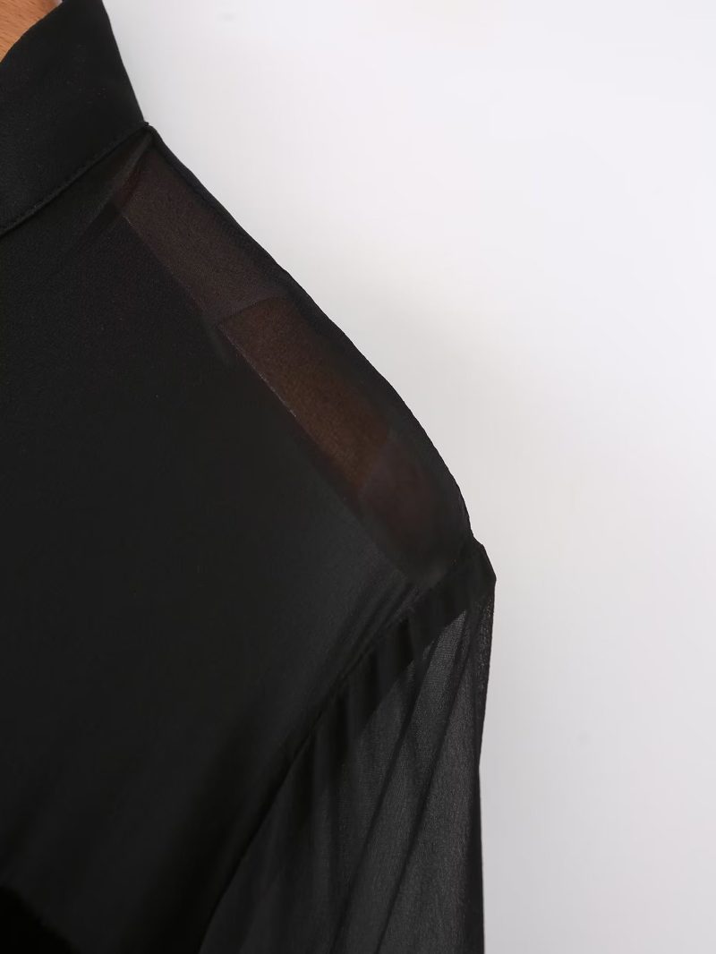 Autumn Women Long Sleeve Velvet Stitching Gauzy Shirt - Image 5
