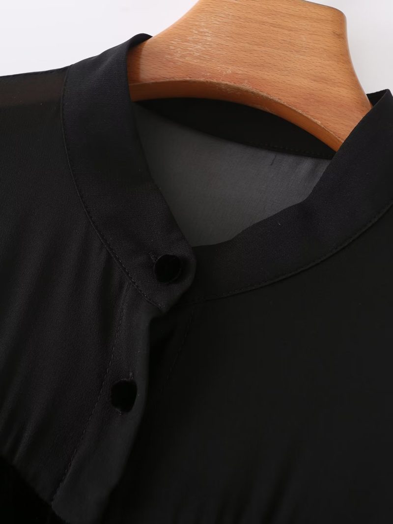 Autumn Women Long Sleeve Velvet Stitching Gauzy Shirt - Image 6