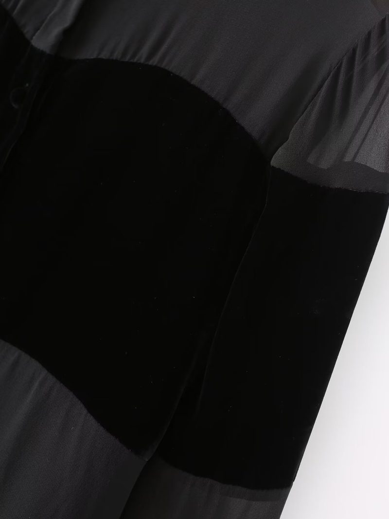 Autumn Women Long Sleeve Velvet Stitching Gauzy Shirt - Image 7