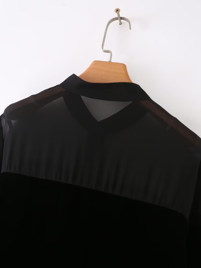 Autumn Women Long Sleeve Velvet Stitching Gauzy Shirt - Image 9