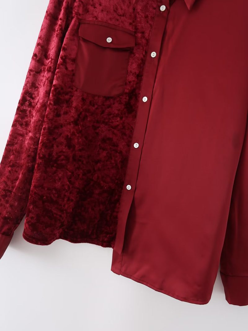 Autumn Women Long Sleeved Velvet Satin Stitching Shirt - Image 3