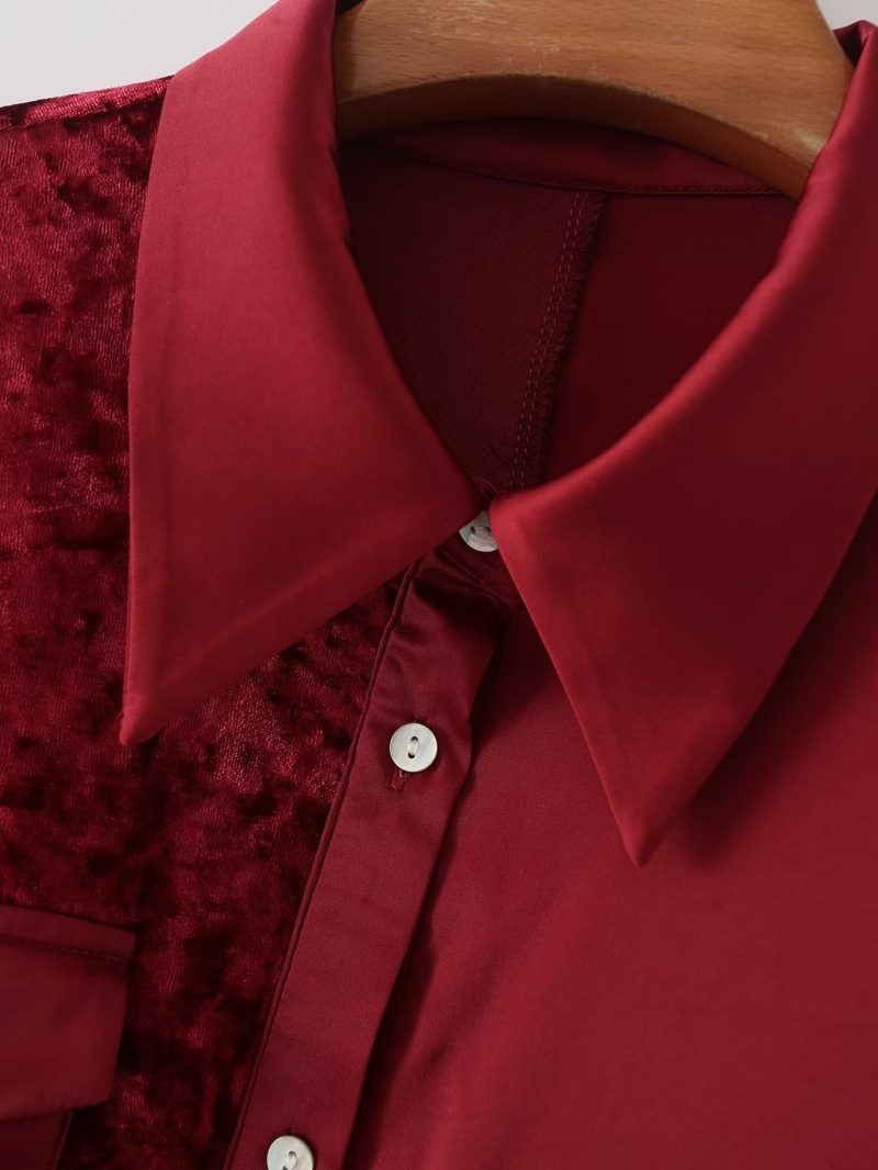 Autumn Women Long Sleeved Velvet Satin Stitching Shirt - Image 5