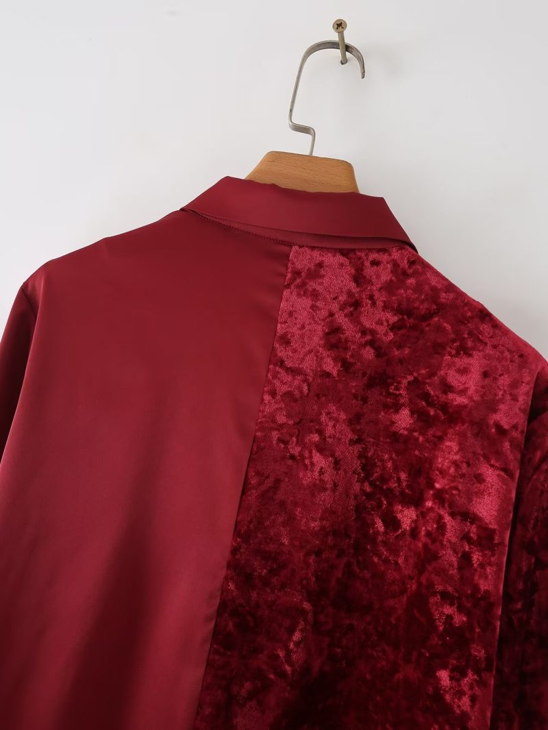 Autumn Women Long Sleeved Velvet Satin Stitching Shirt - Image 8