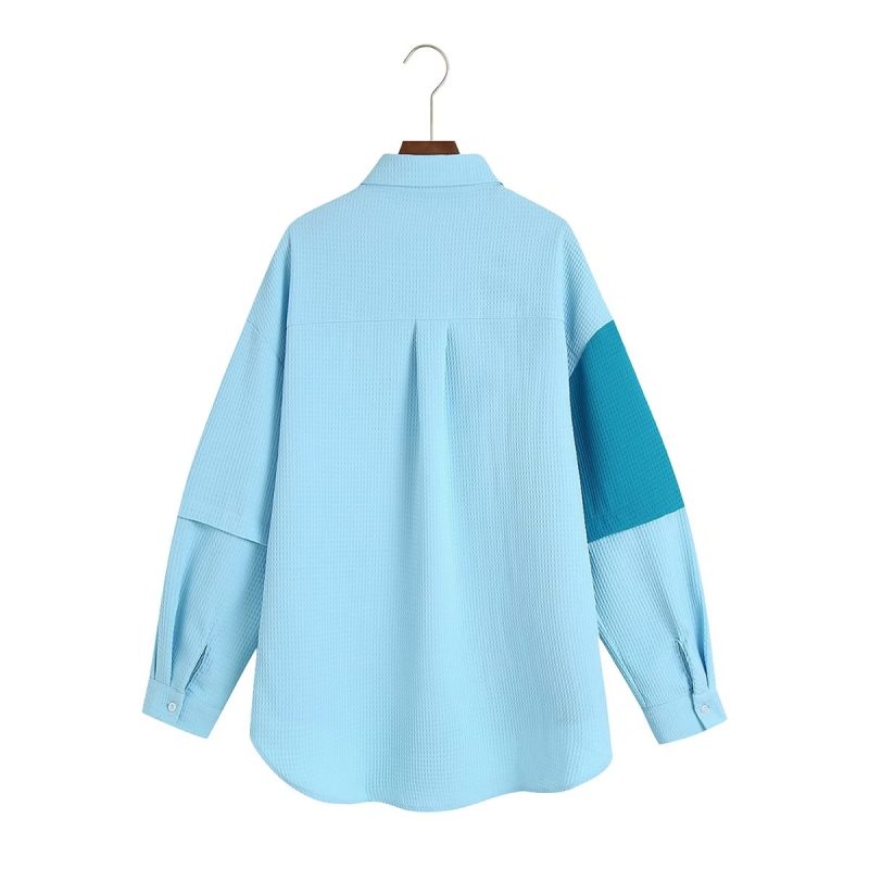 Autumn Women Long Sleeve Texture Fabric Color Matching Pocket Shirt - Image 2
