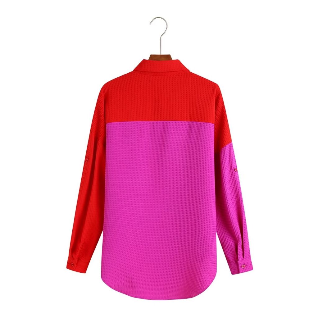 Spring Collared Simple Loose Color Block Rose Shirt Women Clothing - Image 2