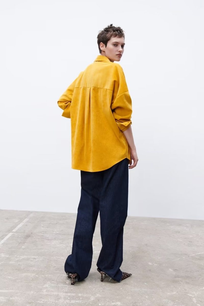 Yellow Shirt Korean Women Clothing Autumn Casual Loose Long Sleeve Corduroy - Image 2