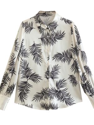 Loose Long Sleeve Tropical Print Shirt Top