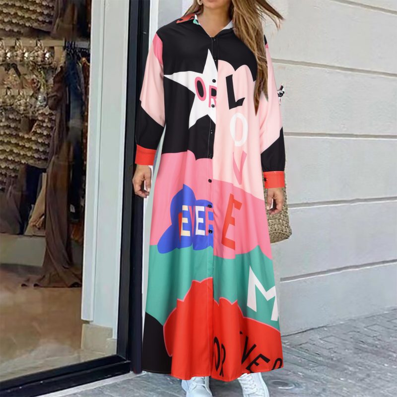 New Fashion Long Sleeve Printed Shirt Long Dress Positioning Flower - Image 2
