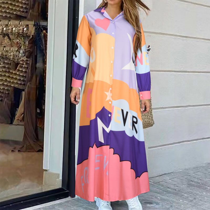 New Fashion Long Sleeve Printed Shirt Long Dress Positioning Flower - Image 4