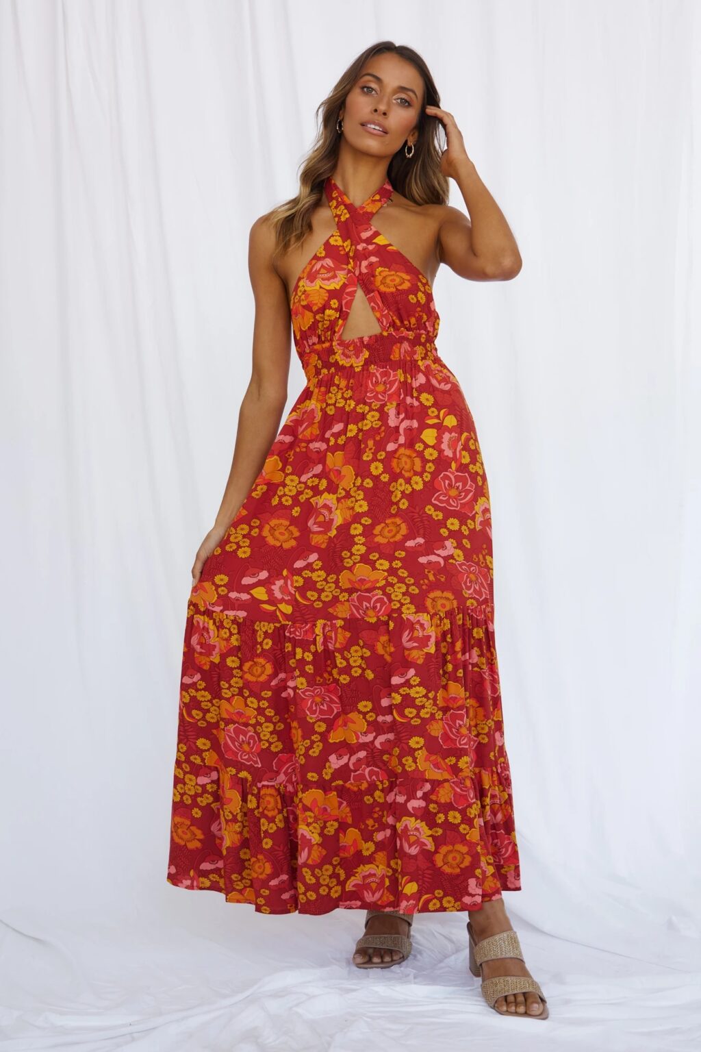 Women Spring And Summer New Sexy Strap Neck Split Print Holiday Dress