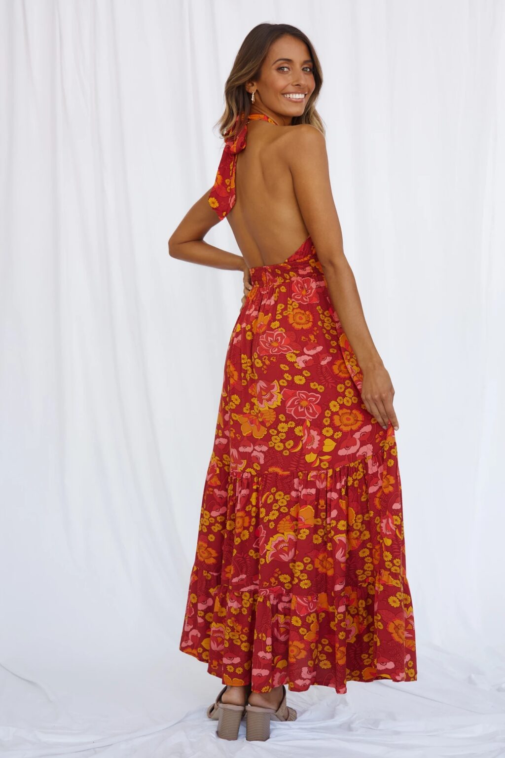 Women Spring And Summer New Sexy Strap Neck Split Print Holiday Dress - Image 4