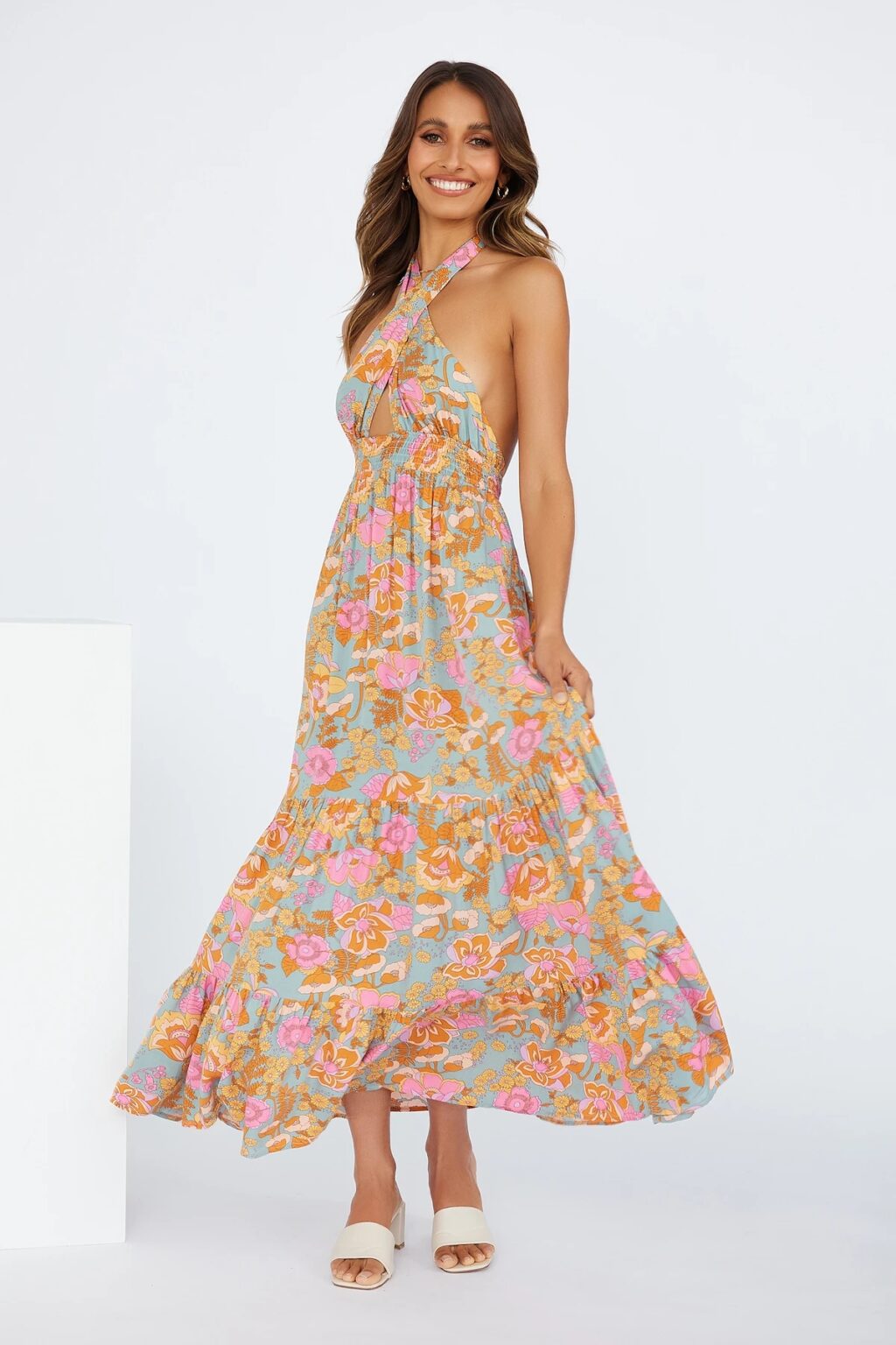 Women Spring And Summer New Sexy Strap Neck Split Print Holiday Dress - Image 5