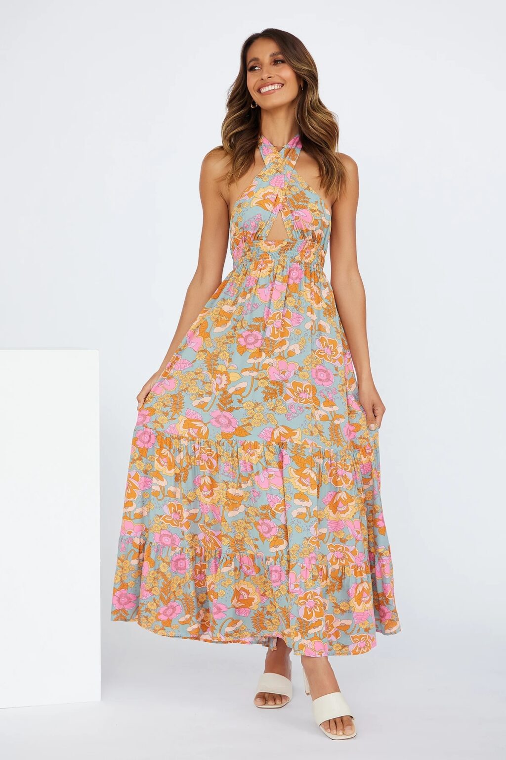 Women Spring And Summer New Sexy Strap Neck Split Print Holiday Dress - Image 8