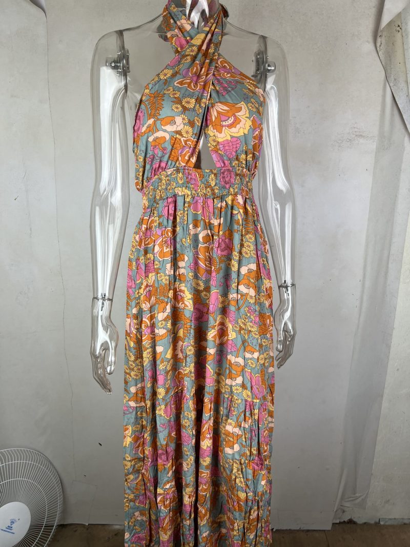 Women Spring And Summer New Sexy Strap Neck Split Print Holiday Dress - Image 10