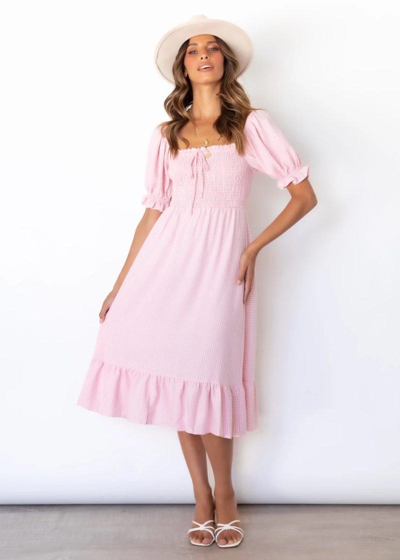 Women  Spring and Summer New Plaid Elastic Lace Up Square Neck Flounce Dress