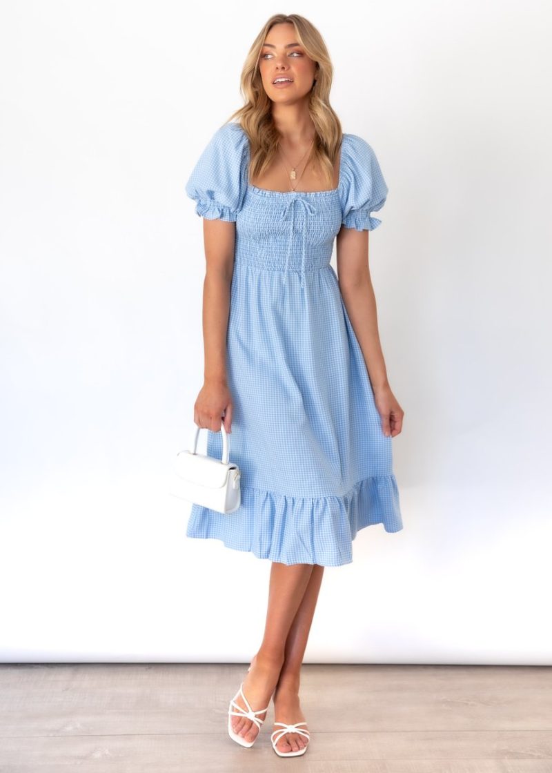 Women  Spring and Summer New Plaid Elastic Lace Up Square Neck Flounce Dress - Image 4
