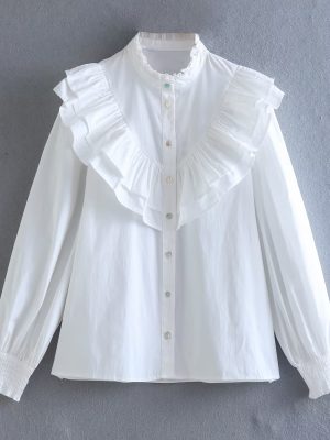 Autumn Laminated Decoration Poplin Shirt Ruffled Single Breasted Top