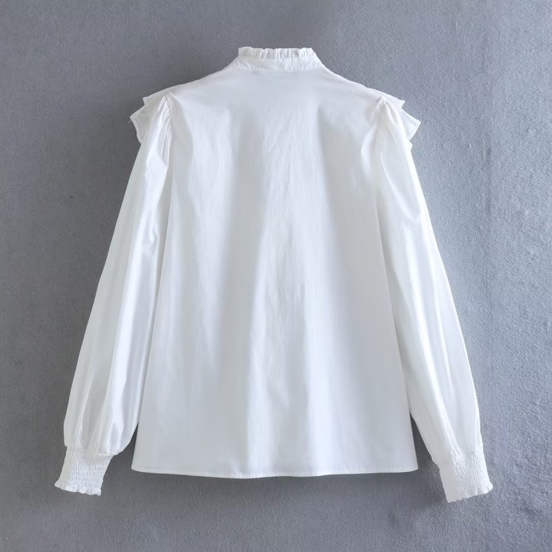 Autumn Laminated Decoration Poplin Shirt Ruffled Single Breasted Top - Image 2