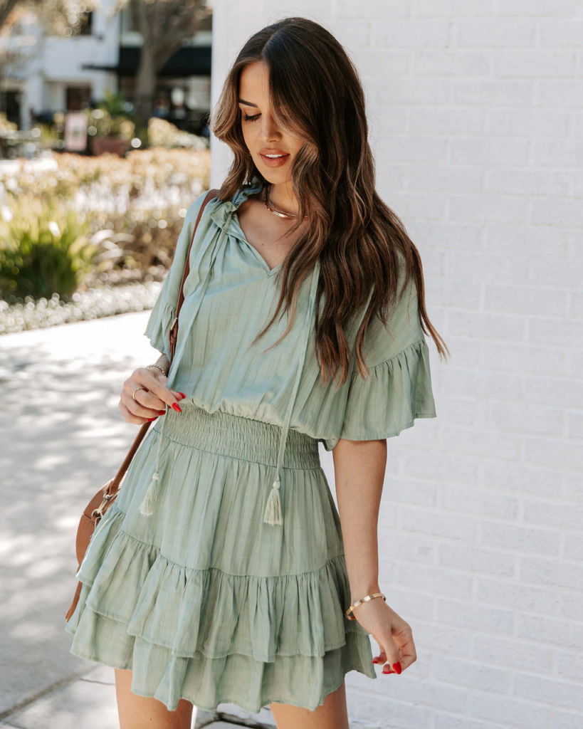 Women  Summer  New Ruffled Solid Color Crew Neck Bohohemain  Smocked Tiered Dress - Image 4