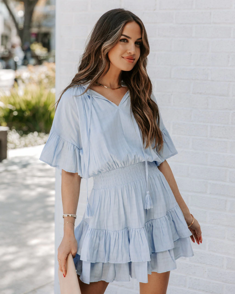 Women  Summer  New Ruffled Solid Color Crew Neck Bohohemain  Smocked Tiered Dress - Image 5