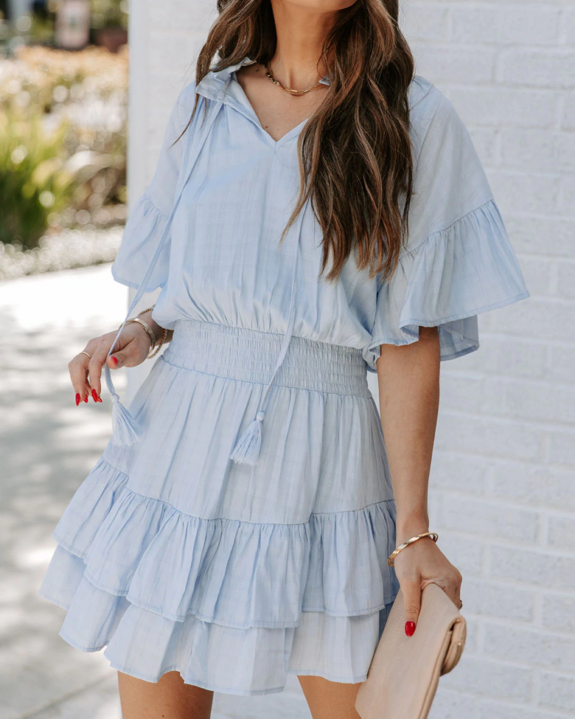 Women  Summer  New Ruffled Solid Color Crew Neck Bohohemain  Smocked Tiered Dress - Image 7