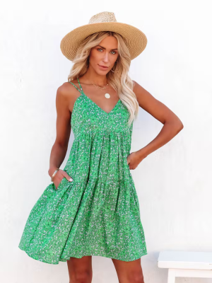 Women New Floral Print Criss Cross Strap V Neck Dress