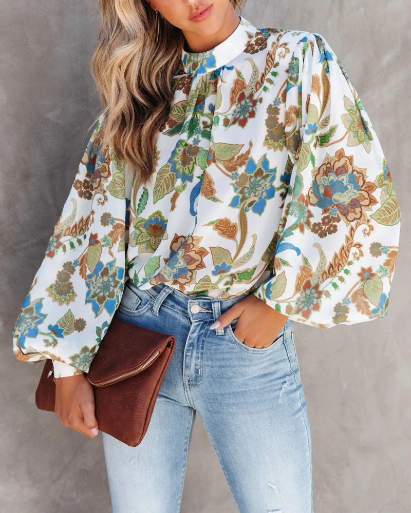 Women  Summer Vacation New Women Printed Collar Lantern Sleeve Long Sleeve Shirts
