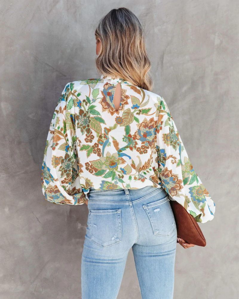 Women  Summer Vacation New Women Printed Collar Lantern Sleeve Long Sleeve Shirts - Image 2