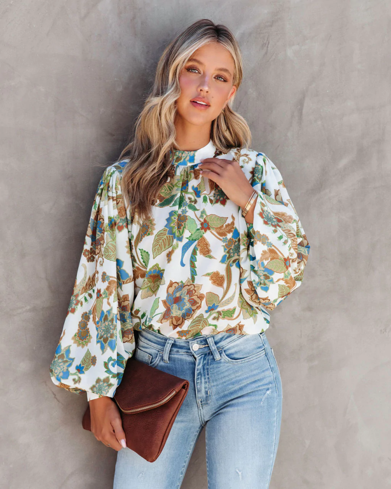 Women  Summer Vacation New Women Printed Collar Lantern Sleeve Long Sleeve Shirts - Image 3