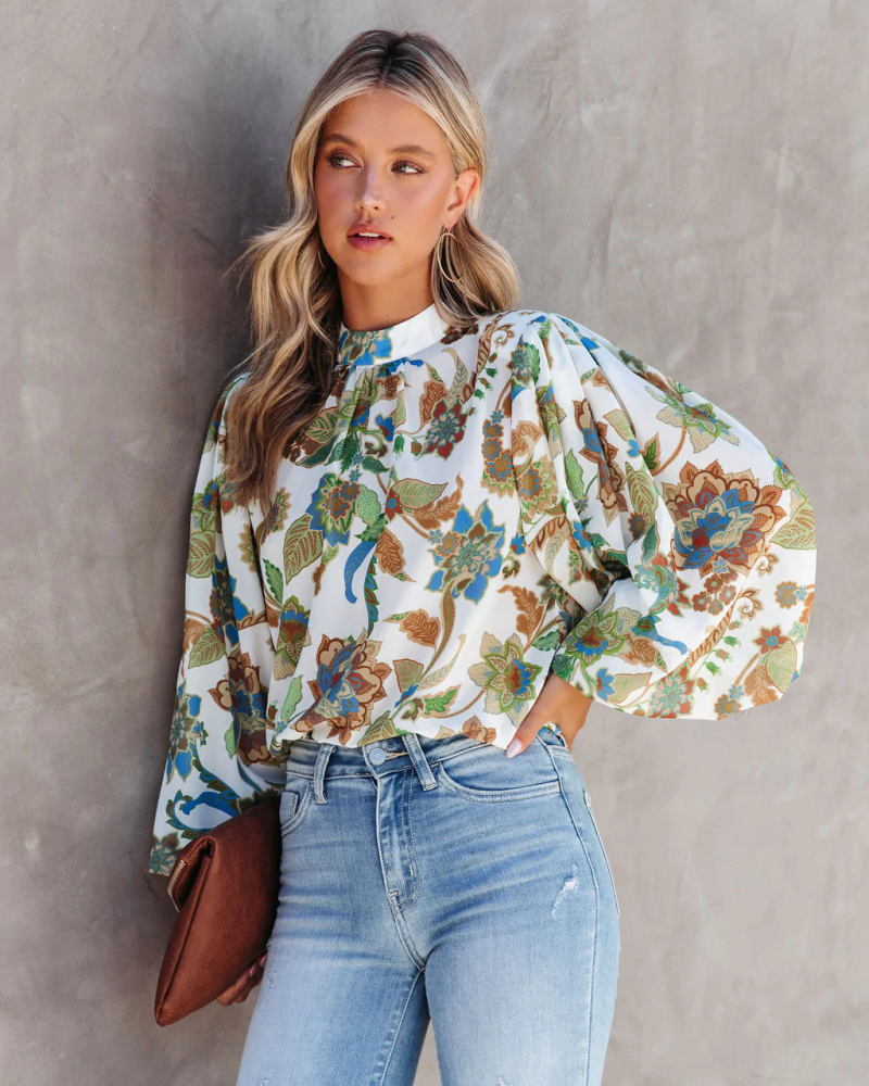 Women  Summer Vacation New Women Printed Collar Lantern Sleeve Long Sleeve Shirts - Image 4