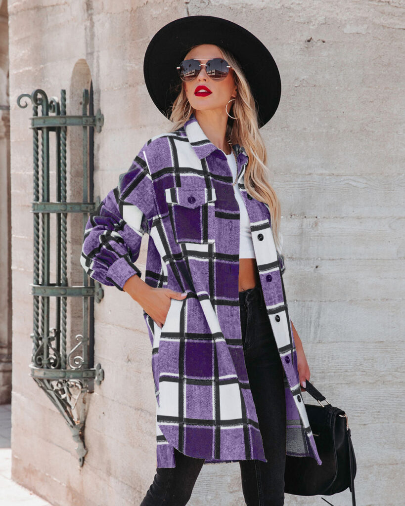 Winter Women  Collared Long Plaid Top Office Loose Woolen - Image 3