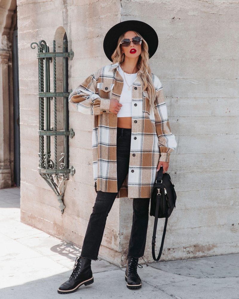 Winter Women  Collared Long Plaid Top Office Loose Woolen - Image 5