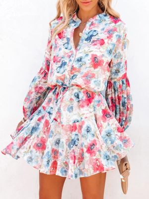 Women Summer Holiday Plaid Printed Lantern Sleeve Ruffled Hem Long Sleeve Dress