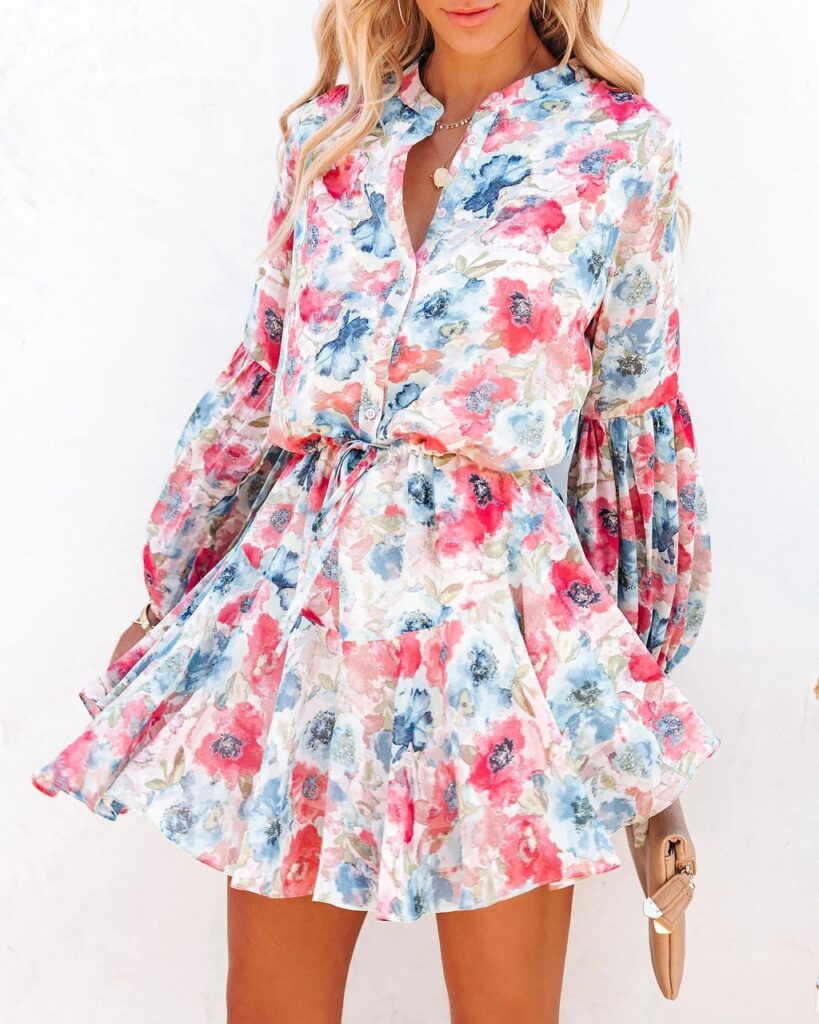 Women Summer Holiday Plaid Printed Lantern Sleeve Ruffled Hem Long Sleeve Dress