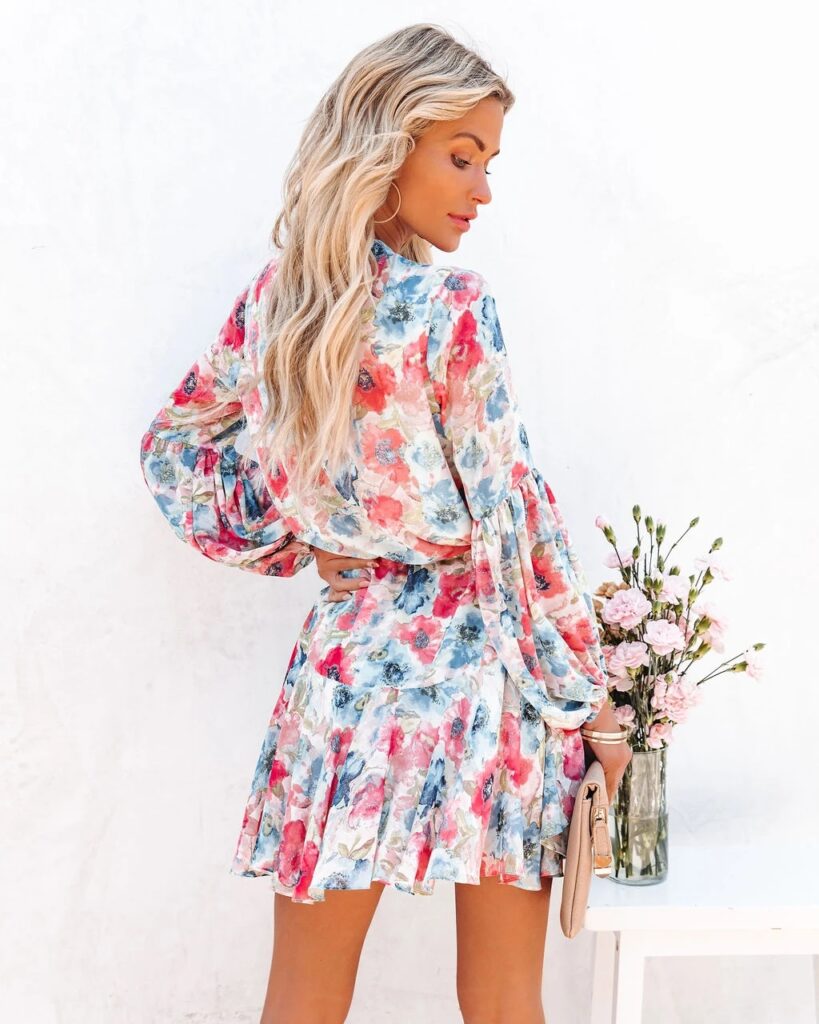Women Summer Holiday Plaid Printed Lantern Sleeve Ruffled Hem Long Sleeve Dress - Image 2