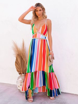 Women Summer Holiday New Rainbow Striped Printed Lace Stitching Deep V Plunge Plunge Strap Long Dress