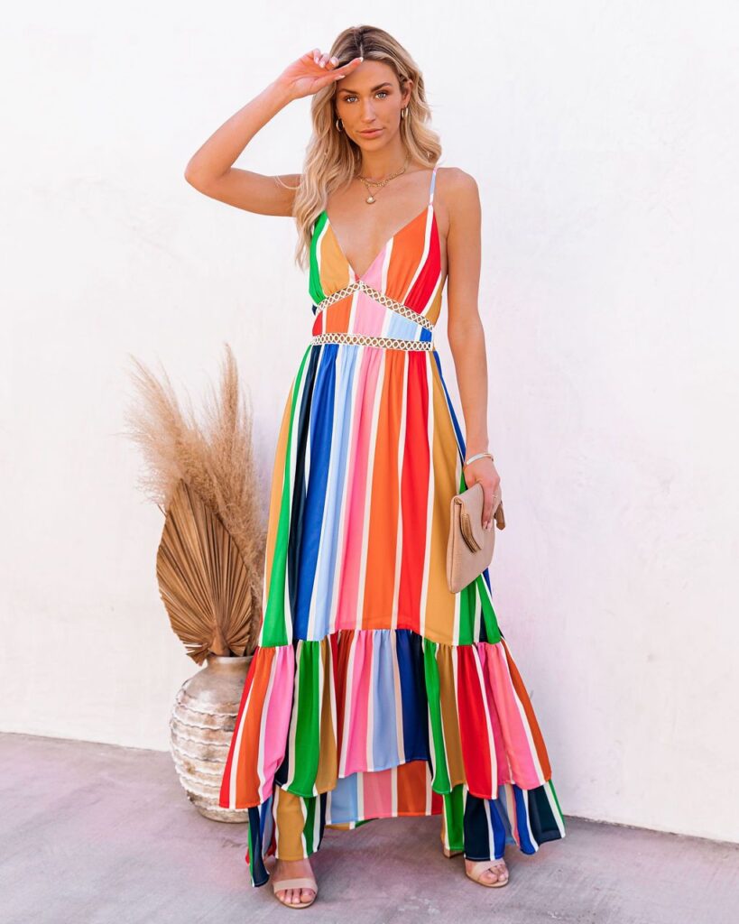 Women Summer Holiday New Rainbow Striped Printed Lace Stitching Deep V Plunge Plunge Strap Long Dress