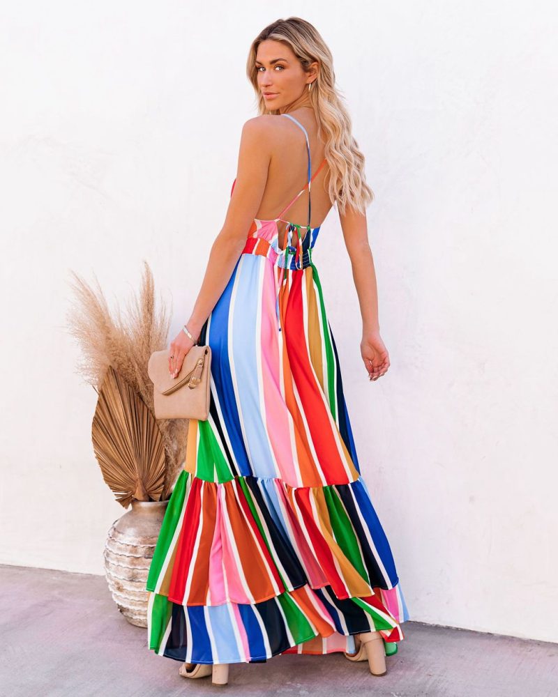 Women Summer Holiday New Rainbow Striped Printed Lace Stitching Deep V Plunge Plunge Strap Long Dress - Image 2